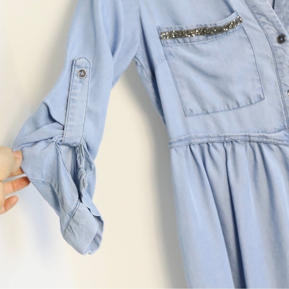 Dex chambray dress roll tab sleeve XS glitter pockets trim short mini tencel - Picture 6 of 9